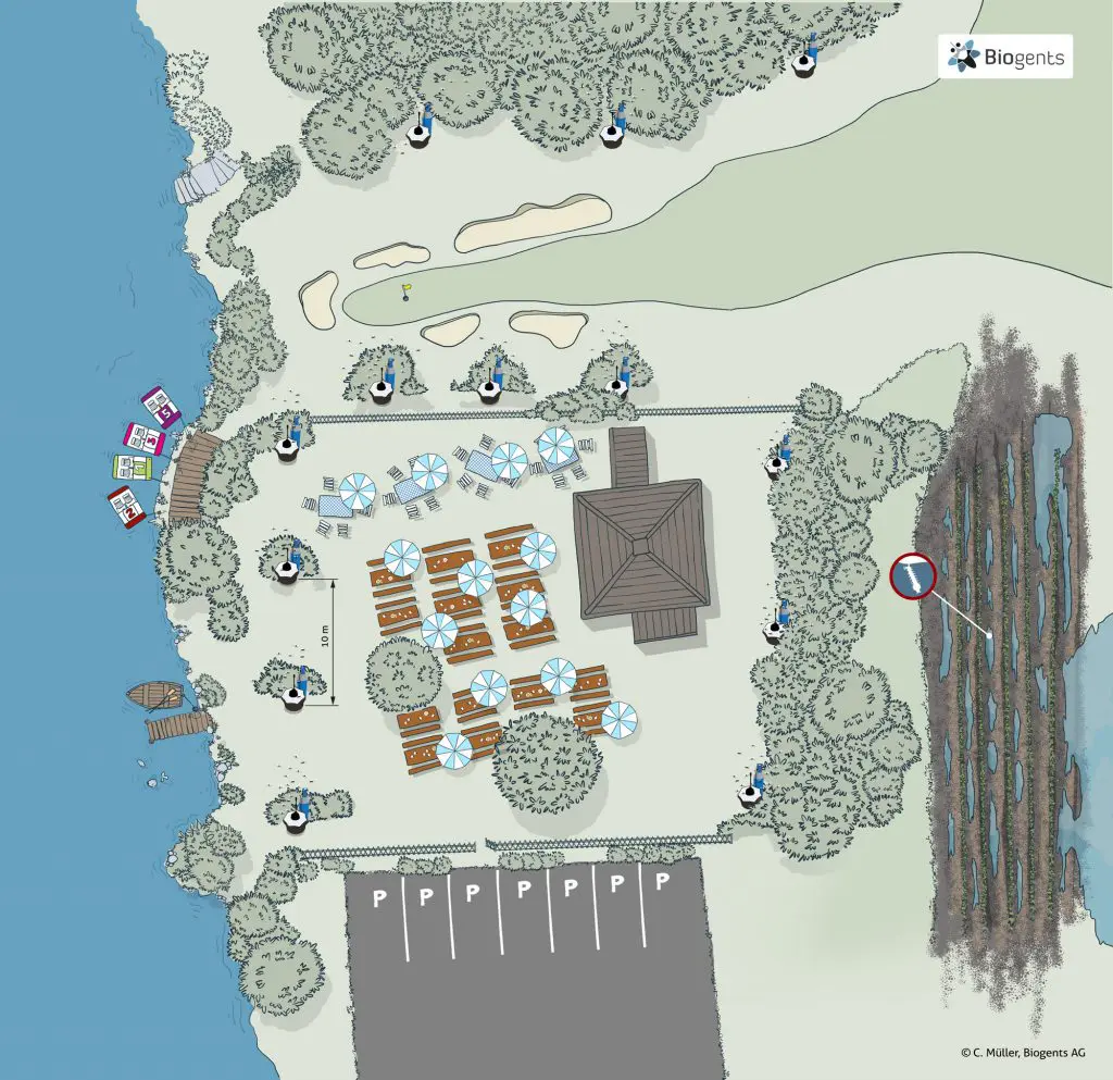 Schéma Biogents : un piège tous les 10 m autour d'une terrasse